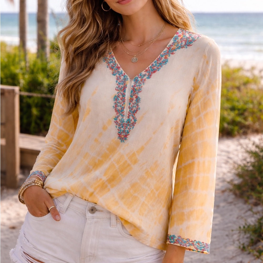 Talisman Puja Saku Shibori Embroidered Boho Blouse Yellow Tie Dye Top Size M